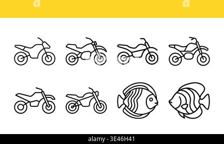 A collection of stylized dirt bikes and fish illustrations in black and white line art isolated on transparent background Stock Vector
