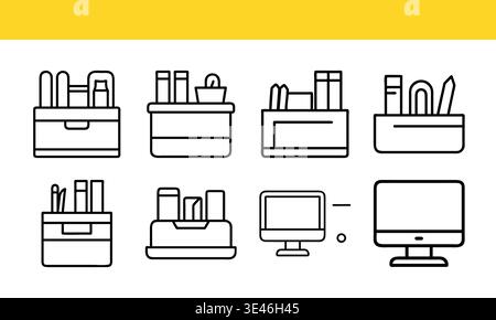 Organized office desk setups with various stationery and computer arrangements isolated on transparent background Stock Vector