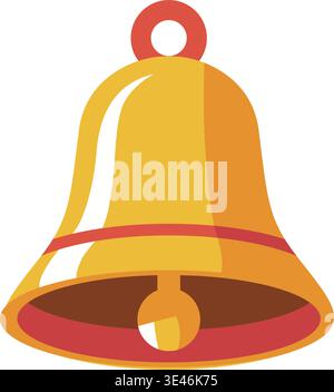 Bright illustration of a golden hanging bell with a round top loop visible clapper and open mouth below. Stock Vector