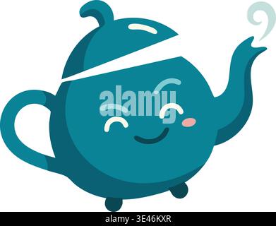 Playful illustration of a blue teapot character with a smiling face curved spout raised lid and small feet. Stock Vector