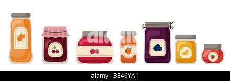 Vector set of various berry jams. Collection of clip art of jars with sweet syrup in a flat style for recipes, menus, and postcards. Stock Vector