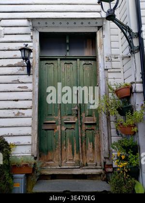 Weathered green wooden front door with peeling paint on white clapboard house exterior with potted plants and wall lantern Stock Photo
