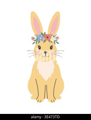 Cute Easter bunny with a floral wreath. Flat hand drawn vector illustration Stock Vector