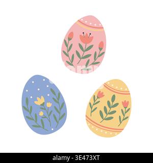 Cute pastel Easter eggs with floral patterns. Vector flat illustration Stock Vector