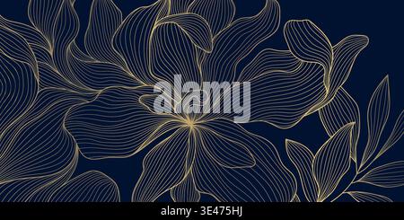 Luxury gold floral line pattern, elegant flowers and leaves on blue background. Vector illustration Chinese and Japanese ornament, vintage deco style Stock Vector