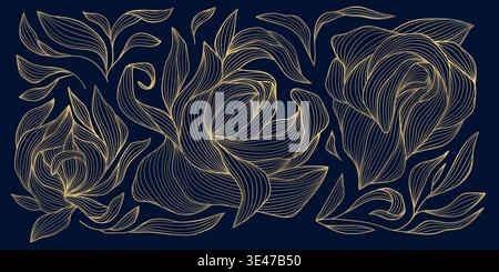 Luxury gold floral line pattern, elegant flowers and leaves on blue background. Vector illustration Chinese and Japanese ornament, vintage deco style Stock Vector