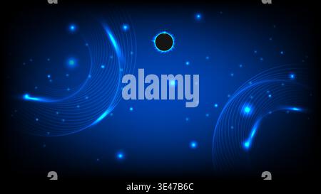 Dark blue abstract futuristic cosmic background with glowing lines and a single dark central sphere Stock Vector