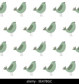 Seamless minimalist vector pattern of funny green birds on white background Stock Vector