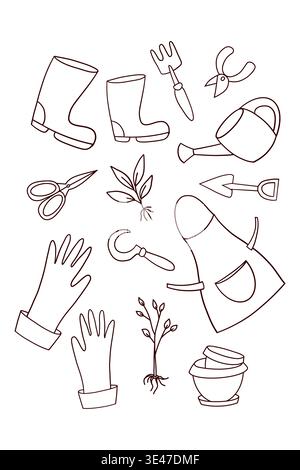Cute seamless pattern with gardening tools and spring elements in outline style. Stock Vector