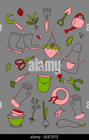 Cute gardening tools and spring elements seamless pattern in pastel colors on a grey background Stock Vector
