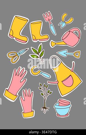 Gardening tools sticker collection in pastel colors on gray background Stock Vector
