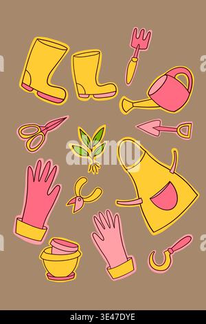 Cute gardening stickers set with tools and plants on beige background Stock Vector