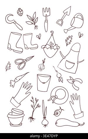 Cute seamless pattern with gardening tools and spring elements in outline style. Stock Vector