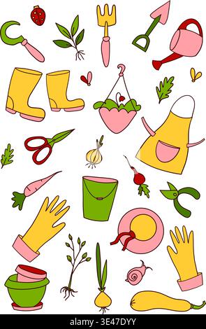 Bright cute gardening seamless pattern with yellow boots and tools on a transparent background Stock Vector