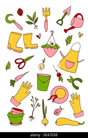 Bright cute gardening seamless pattern with yellow boots and tools Stock Vector
