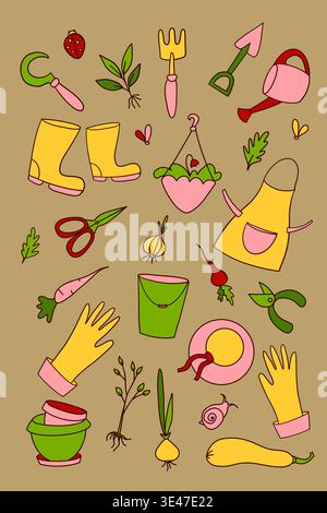 Bright cute gardening seamless pattern with yellow boots and tools on a beige background Stock Vector
