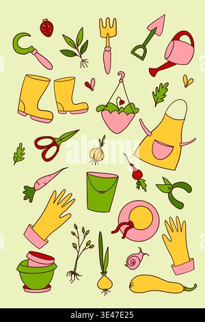 Bright cute gardening seamless pattern with yellow boots and tools on a soft light green background Stock Vector
