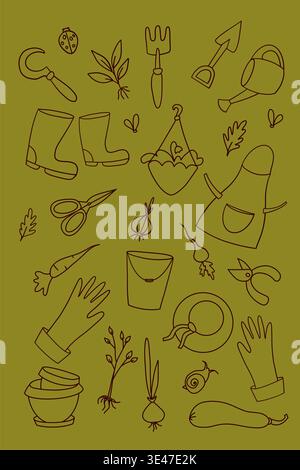 Cute seamless pattern with gardening tools and spring elements in outline style on a green background Stock Vector