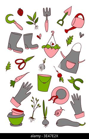 Cute gardening tools and spring elements seamless pattern in pastel colors Stock Vector