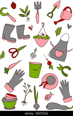 Cute gardening tools and spring elements seamless pattern in pastel colors on a transparent background Stock Vector