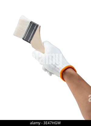 Hand in white work glove holding paint brush isolated on white background Stock Photo