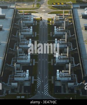 Aerial view of a major data center campus with multiple server buildings and infrastructure supporting cloud technology and ai internet network, Midde Stock Photo
