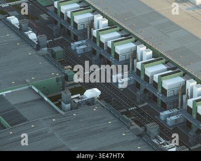 Aerial view of rows of server containers and industrial buildings viewed from above, showcasing modern technology infrastructure and cloud computing c Stock Photo