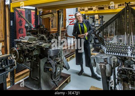 Stephanie Jacobs (Director of the German Book and Writing Museum) in the cultural history collection with printing tools. Leipzig, Saxony, Germany Stock Photo