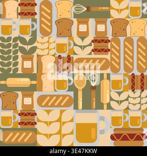 Bakery food pattern on geometric mosaic tiles. Vector illustration of fresh baked bread, burger, hot dog, flour package, beer glass and cook accessories, abstract geometric design with food icons Stock Vector