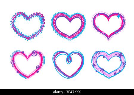 Doodle crayon heart shape frames set isolated on white background. Vector realistic illustration of hand drawn childish design borders decorated with pastel stars and abstract scribbles, love art Stock Vector