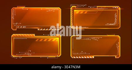 Futuristic HUD frames set for user interface design. Vector realistic illustration of neon orange rectangle borders for AI technology ui, digital data display, cyberpunk holographic computer screen Stock Vector