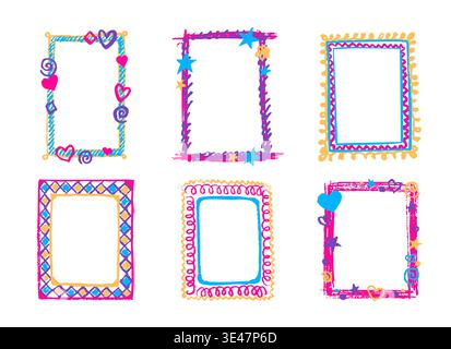 Childish doodle crayon frames set isolated on white background. Vector realistic illustration of hand drawn rectangular borders decorated with pastel hearts, star, abstract scribbles, school art Stock Vector