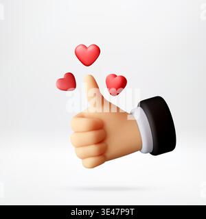 3d hand showing thumb up gesture with red hearts Stock Vector