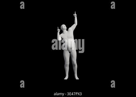 3D Fat Man pointing Front View Matte Black Black Stock Photo