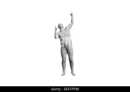 3D Fat Man pointing Front View Matte Black White Stock Photo