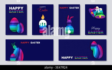 Easter set card of eggs, bunny, bells, candle. Paper cut colorful striped. Happy Easter holiday invitations templates collection, hand drawn banners Stock Vector