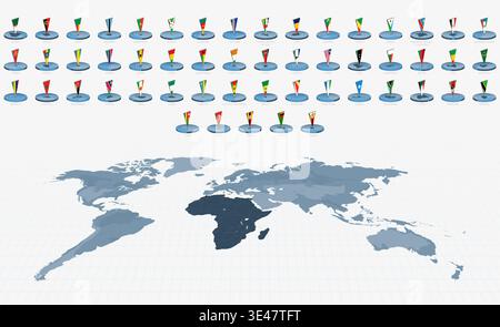 3D Pin Flags of African Countries on a World Map with Africa highlighted in dark gray. Vector illustration. Stock Vector