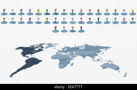 3D Pin Flags of American Countries on a World Map with America highlighted in dark gray. Vector illustration. Stock Vector