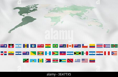 Flags of America with Realistic Waves. Green World Map Highlighting America on White Silk Background. Stock Vector