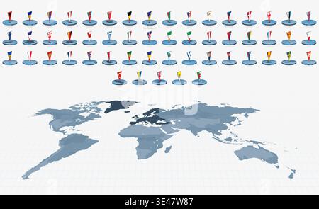 3D Pin Flags of European Countries on a World Map with Europe highlighted in dark gray. Vector illustration. Stock Vector