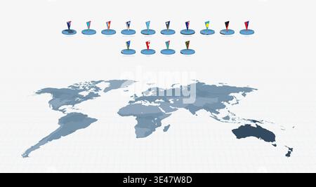 3D Pin Flags of Oceanian Countries on a World Map with Oceania highlighted in dark gray. Vector illustration. Stock Vector