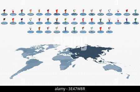 3D Pin Flags of Asian Countries on a World Map with Asia highlighted in dark gray. Vector illustration. Stock Vector