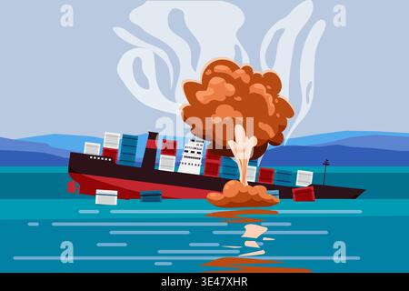 Cargo Ship Explosion at Sea Container Vessel Accident Stock Vector