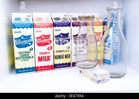 Vintage Tillamook milk cartons and glass milk bottles, studio shot, white background Stock Photo