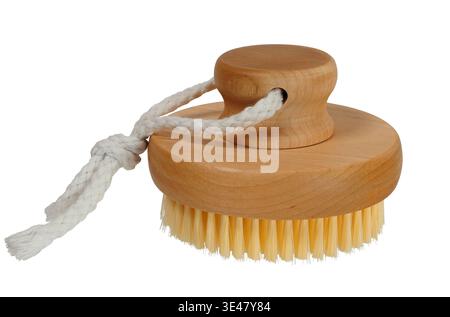 Wooden body brush with rope handle isolated on white background Stock Photo