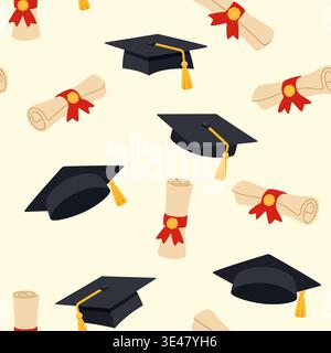 Graduation seamless pattern with academic caps and scrolls. Educational background with mortarboards and diplomas Stock Vector