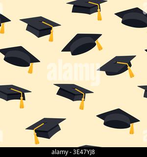 Academic caps seamless pattern. Graduation mortarboards with yellow tassels repeating background on light yellow. Stock Vector