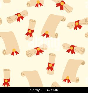 Graduation scrolls seamless pattern. Diploma certificates with red ribbons and golden seals repeating background. Stock Vector