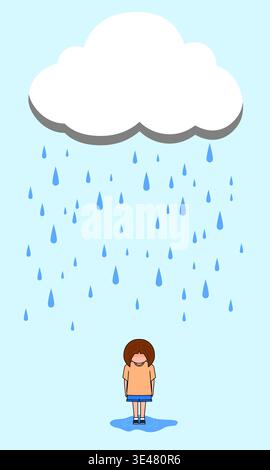 Minimal flat illustration of a sad girl standing alone under heavy rain and a cloud. Concept of loneliness, sadness, depression, and emotional struggl Stock Vector