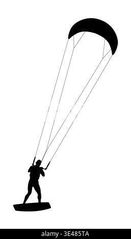 Silhouette of kitesurfer on white background. Person holds control bar, standing on board. Kite floats above, lines stretched upward. Image evokes mot Stock Vector